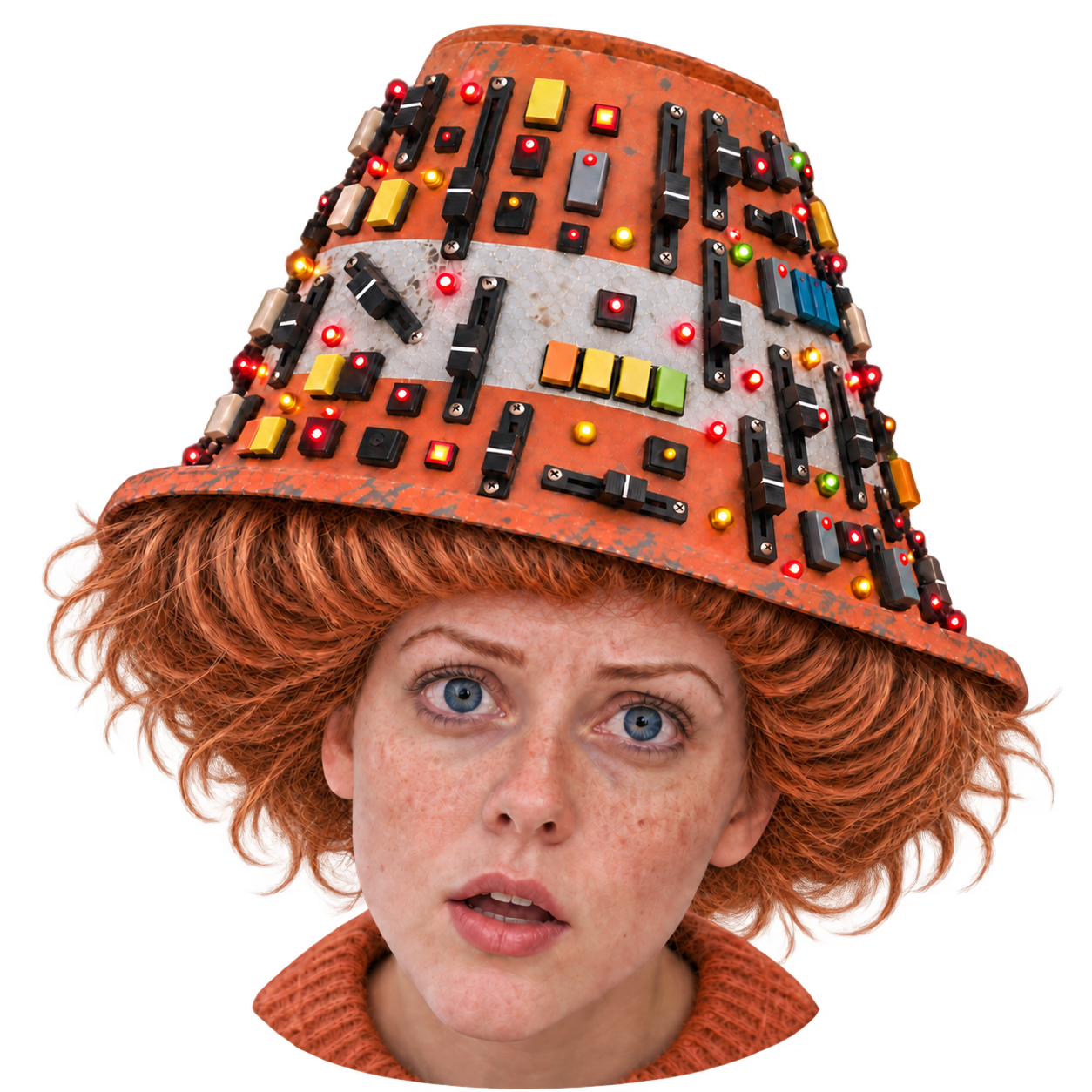 Synthia Konig emerging through torn orange paper, wearing her traffic-cone synthesiser hat, mouth open as if speaking